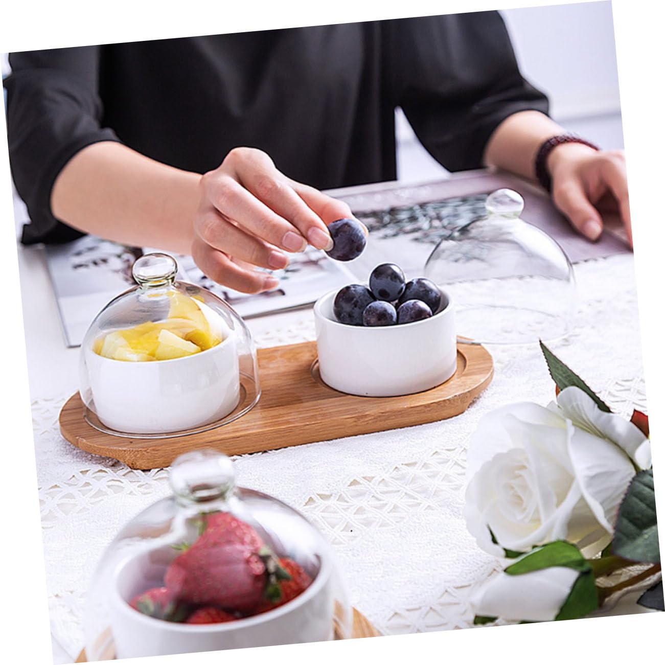 Mikikit 2 Juegos Bol Tapa de Vidrio Transparente y Bandeja Cuenco para Postres Ensaladas y Frutas para Hogar Restaurante y Hotel