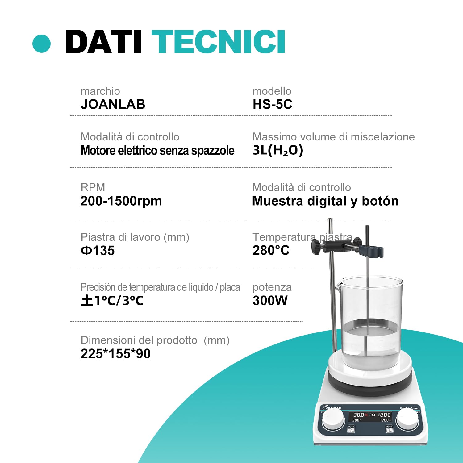 JOANLAB Agitatore Magnetico con Piastra Riscaldante, 310°C, Piastra in Ceramica da 5 Pollici, Miscelatore Magnetico Digitale con Timer, 50-1500 rpm, Capacità 3L