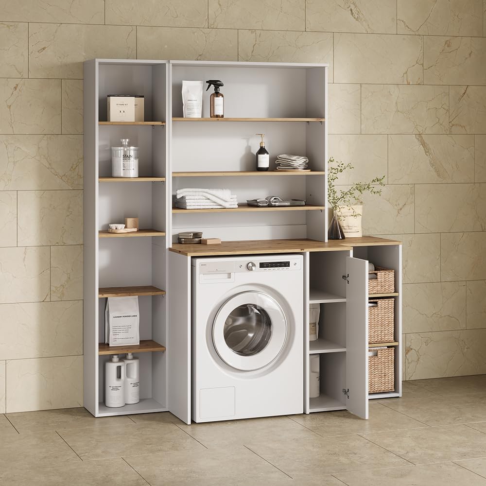 Livinity Armoire Machine à Laver Paolina, Blanc/Artisan, 93.6x88.2cm | 2 parties avec armoire et étagèreEspace supplémentaire au-dessus de l'appareil pour ranger les détergents et les accessoires