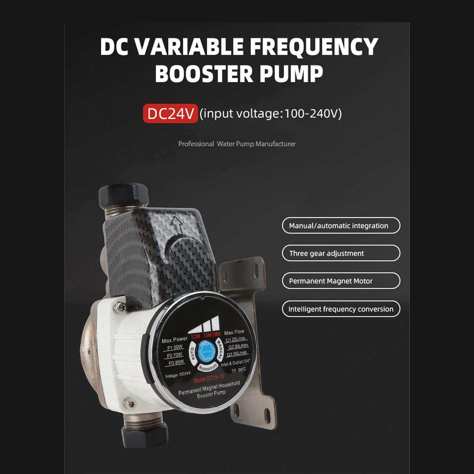 Pompa booster pressione acqua doccia, 555 GPH, 26,1 PSI, 85 W, 3 velocità | Pompa booster domestica a bassa rumorosità con porte NPT da 1 pollice e 3 adattatori NPT da 4 pollici