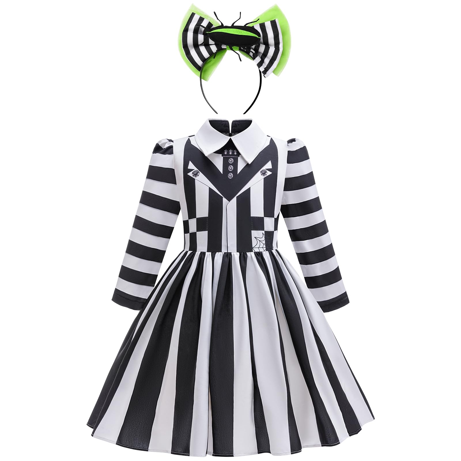 Girls Halloween Costume Black and White Striped Dress kids with Headband for Movie Cosplay Dress-Up