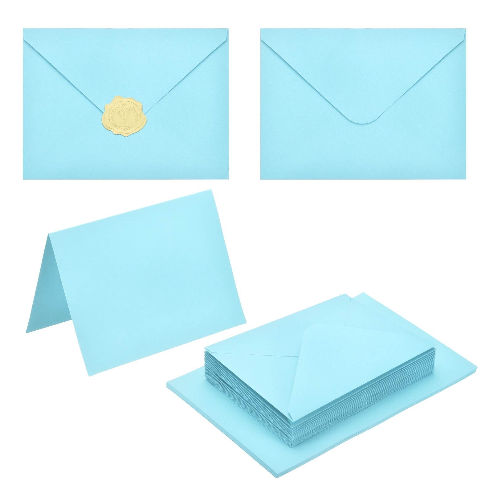 PATIKIL 50Pack Light Blue 4x6 Envelopes with Cards, V Flap A6 Envelopes with Cardstock & Gold Stickers for Greeting Cards Wedding Greeting Birthday Invitations Letter Mailing — image 1