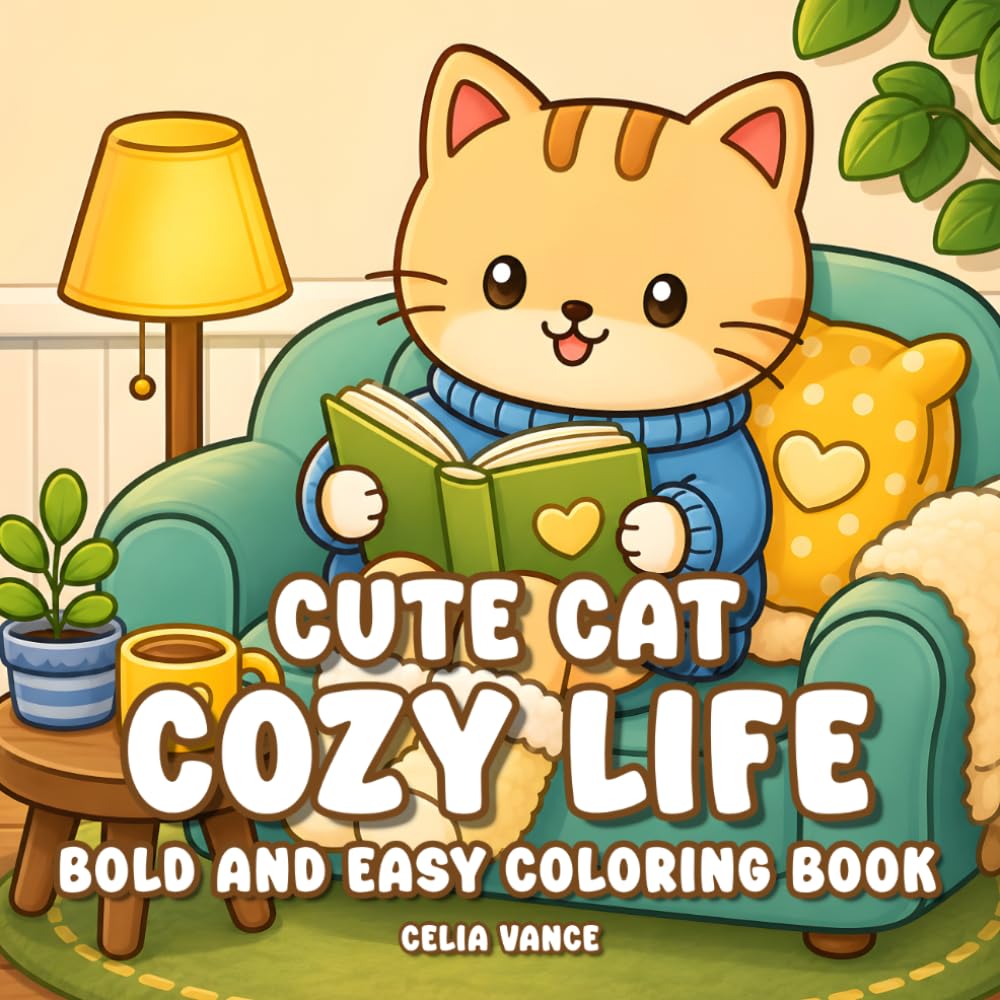 Cute Cat Cozy Life Coloring Book: Kawaii Animal Bold and Easy Designs for Adults and Teens (Cozy Cat)