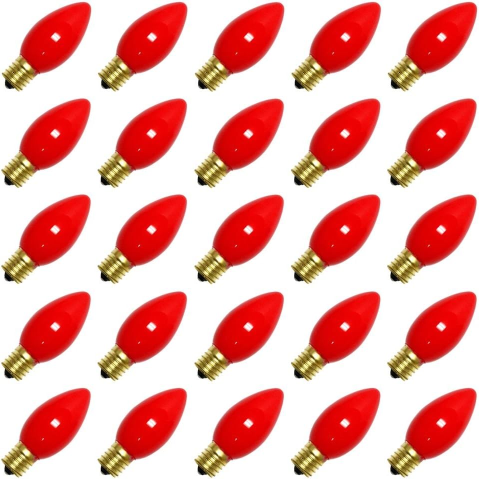 25 Pack 7 Watt C9 Ceramic Red Incandescent Light Bulb, Intermediate Base
