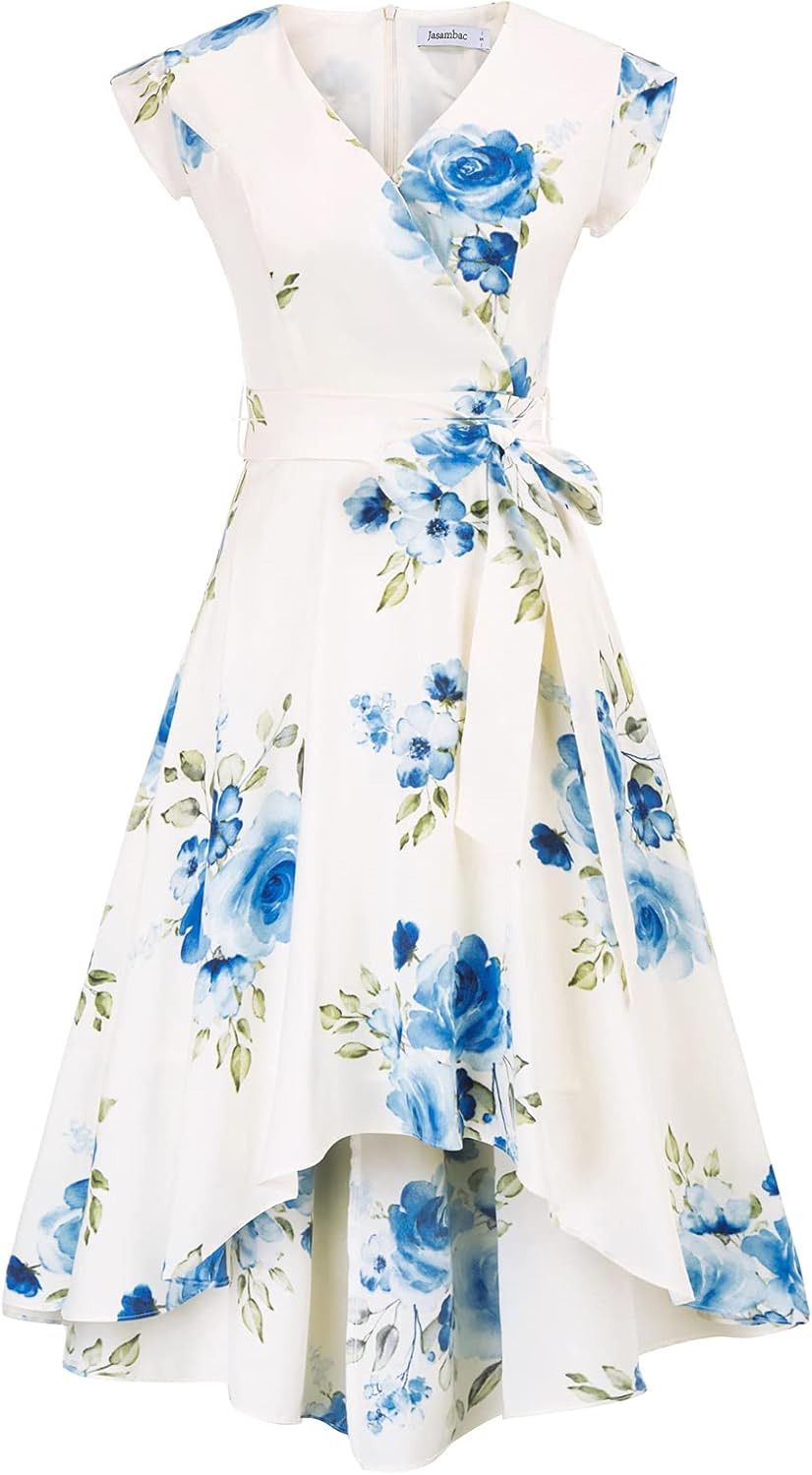 JASAMBAC Women's Floral High Low Dress for Wedding Guest Flowy Bohemian Empire Waist Swing Dress with Belt