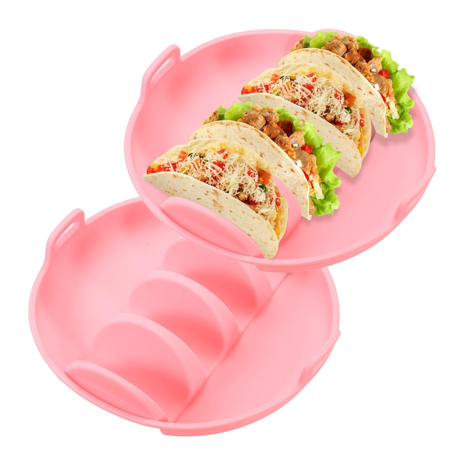 Muiltvoe 2 Pcs Taco Holder, Silicone Taco Plates with Dividers Reusable Serving Tray Plates with Handle for Party Dishwasher & Microwave Safe, (Pink/Light Blue)