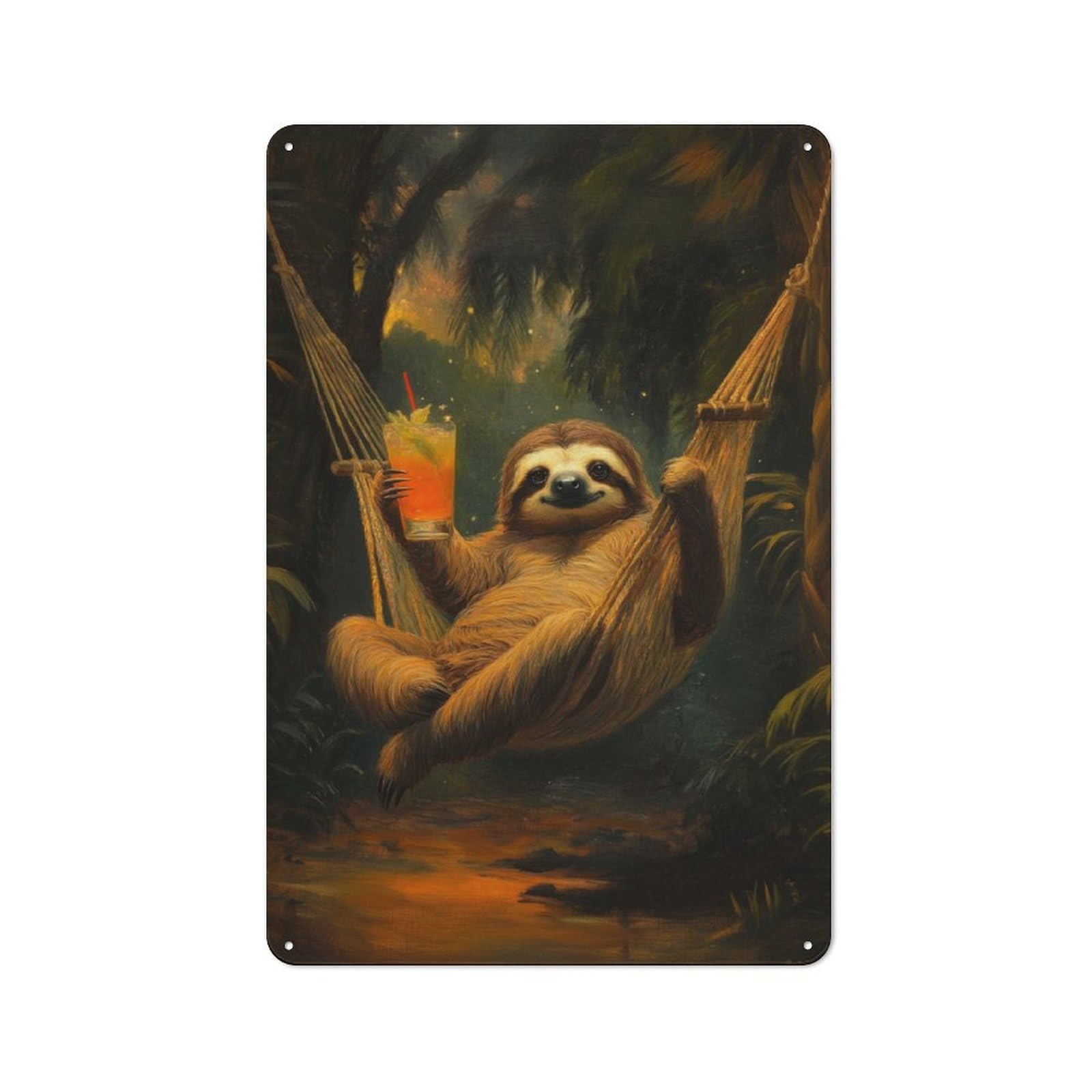 Sloth in Hammock with Drink Decorative Metal Plaque 30x20cm, Garage Style Shed Wall Plaque for Workshop, Basement, Shed Or Games Room