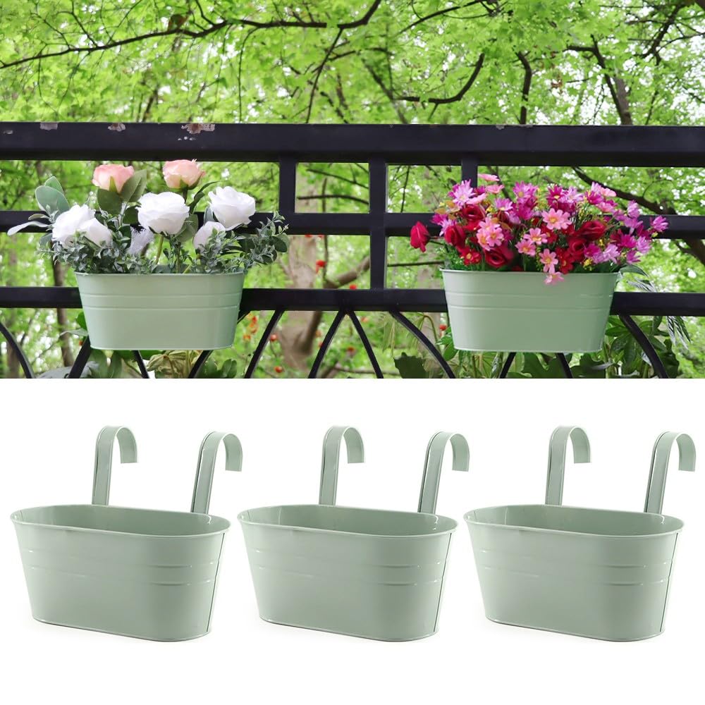 3 Pack Metal Railing Planters, 10.5' Oval Hanging Flower Pots