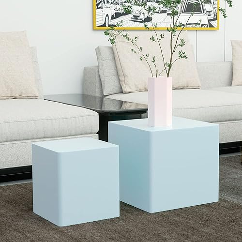 WILLIAMSPACE Juego de 2 mesas de centro anidadas azules mesa de centro moderna de madera para sala de estar mesa auxiliar decorativa H15