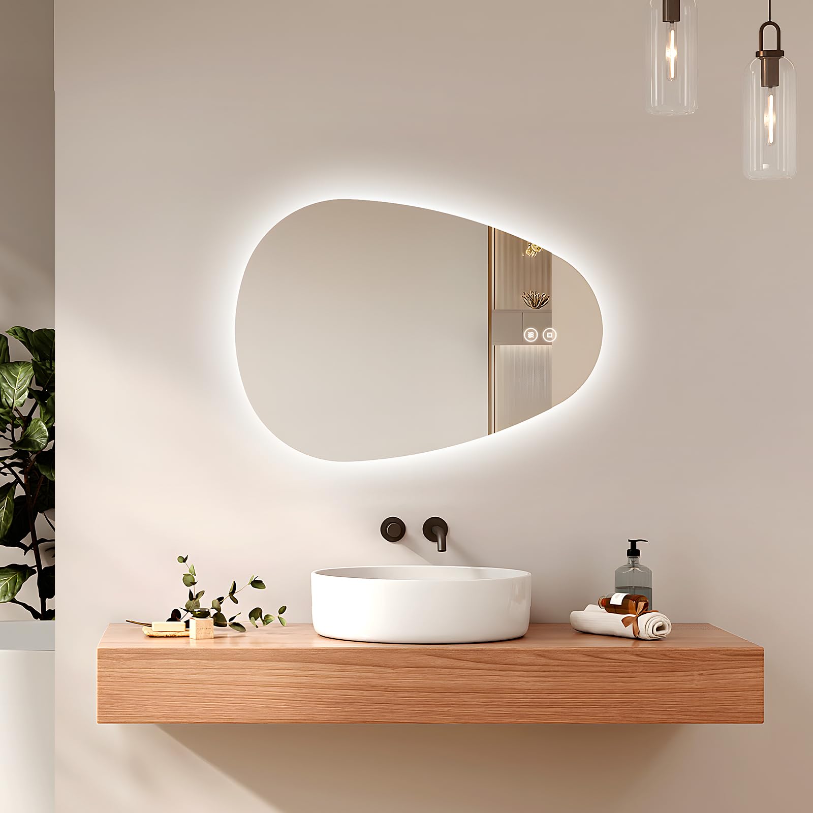 EMKE Espejo de Baño con Iluminación, 80 x 60 cm, Espejo LED Asimétrico, Interruptor Táctil, 3 Colores de Luz Ajustables, Espejo Anti-Vaho