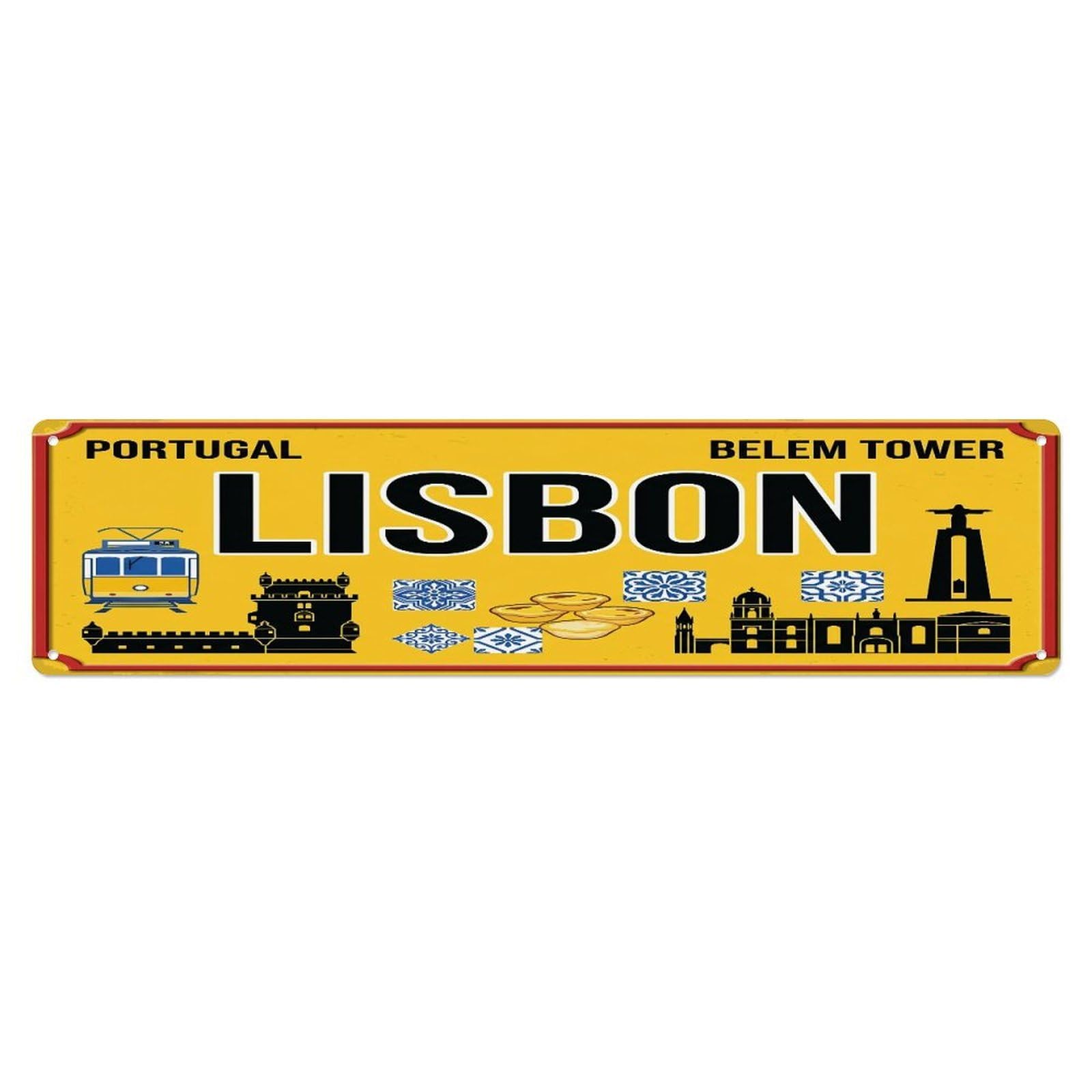 Tgrcjimh Style Metal Tin Sign Vintage Travel Lisbon Portugal Tram Tower Pasteis