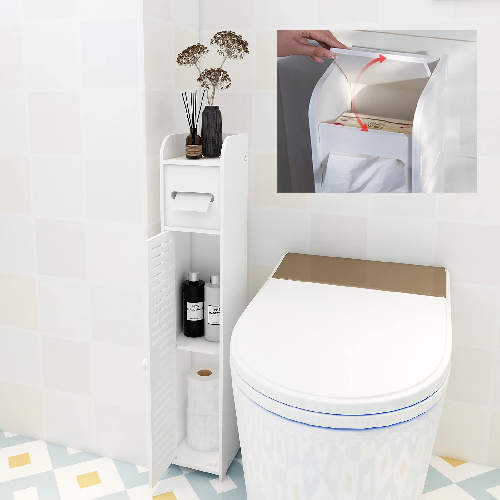 7Sevenjokers Bathroom Storage Cabinet, White, W6.3" x D6.3" H32", 3 Levels, 2 Doors, 1 Drawer, Waterproof PVC, Freestanding, Contemporary Style, Bathroom Use