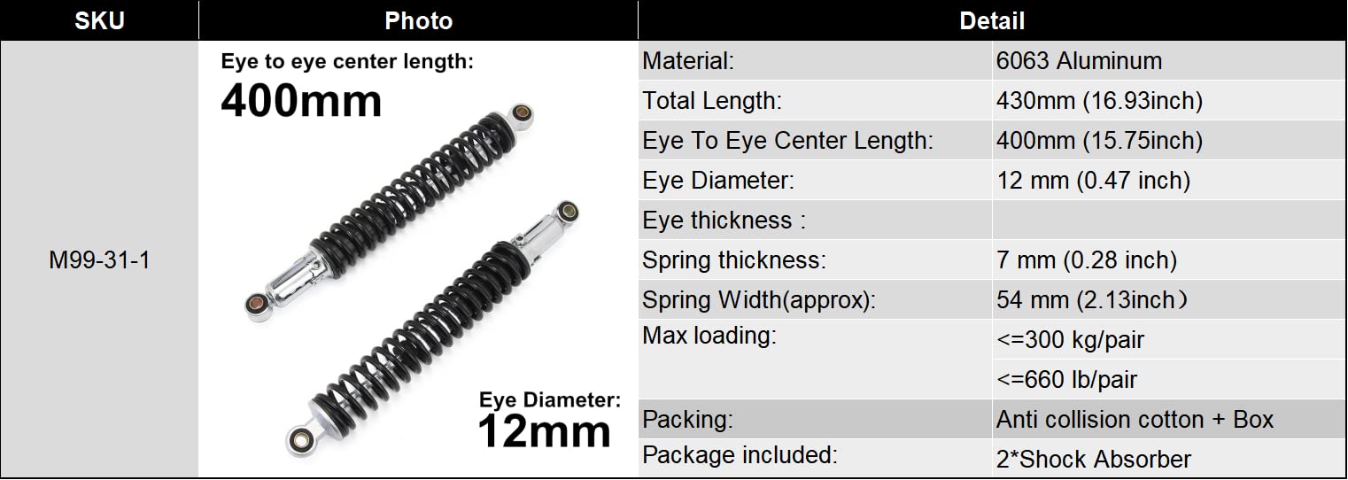 Hegeiisy 360mm 380mm 400mm 420mm Universal Motorrad Stoßdämpfer Hinterradaufhängung ATV Quad Scooter Dirt Bike für YZF R1 YZF R6 YZF 125 (Schwarz, 15.74 zoll 400mm