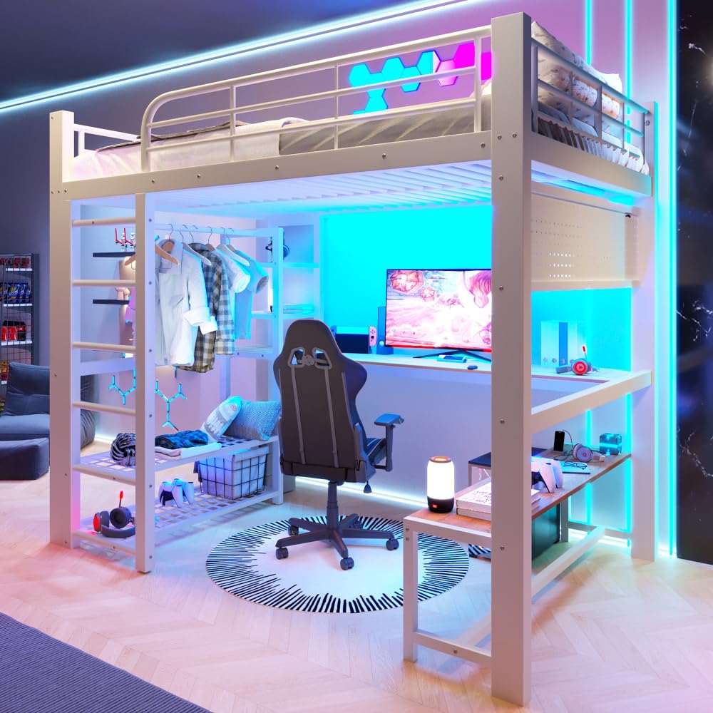 Sapgaks - Cama entrepiso de 1 plaza de 140 x 200 cm, litera infantil con barrera con banda luminosa LED, cama entrepiso escalera, escritorio de madera, tendedero para ropa (140 x 200)