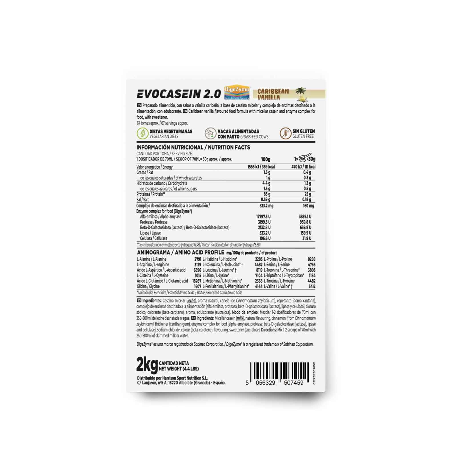 HSN Evocasein 2.0 Mizellarkasein, karibische Vanille, 2 kg, sequentieller Protein-Shake, ideal für vor dem Schlafen, mit Digezyme-Enzymen, kein Dosierer enthalten, kein GMO, vegan, glutenfrei