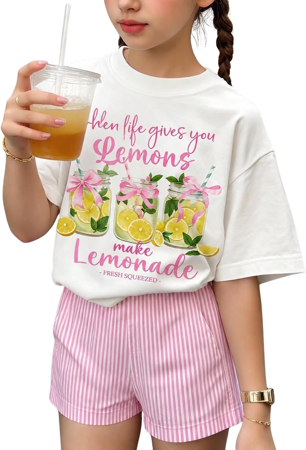 Girls Clothes Summer 2 Piece Outfits Cute Strawberry Lemon Shell Graphic Tee+ Striped Shorts Set Kids Clothing Sets