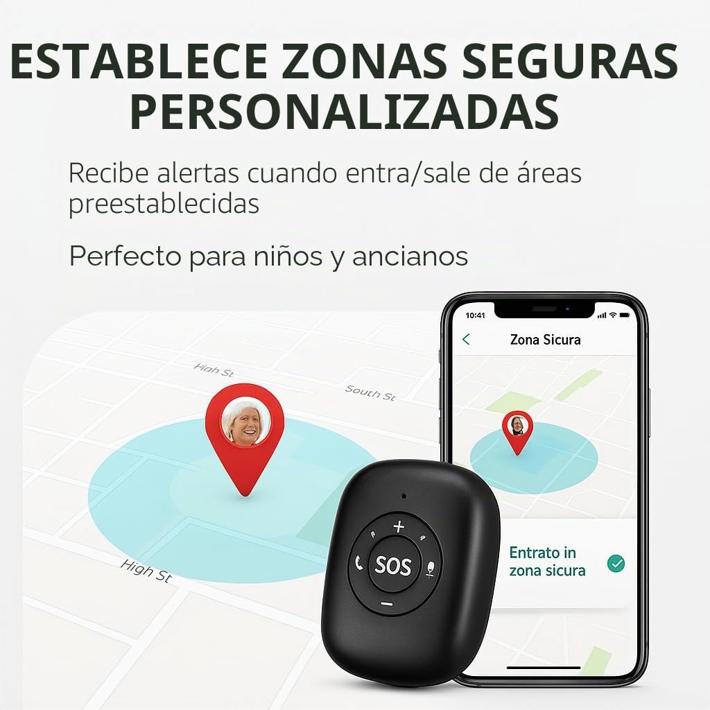 Dispositivo de seguridad portátil con GPS en tiempo real, llamada SOS, geofencia y detección de caídas, administrable por aplicación, ideal para personas mayores, niños y personas frágiles