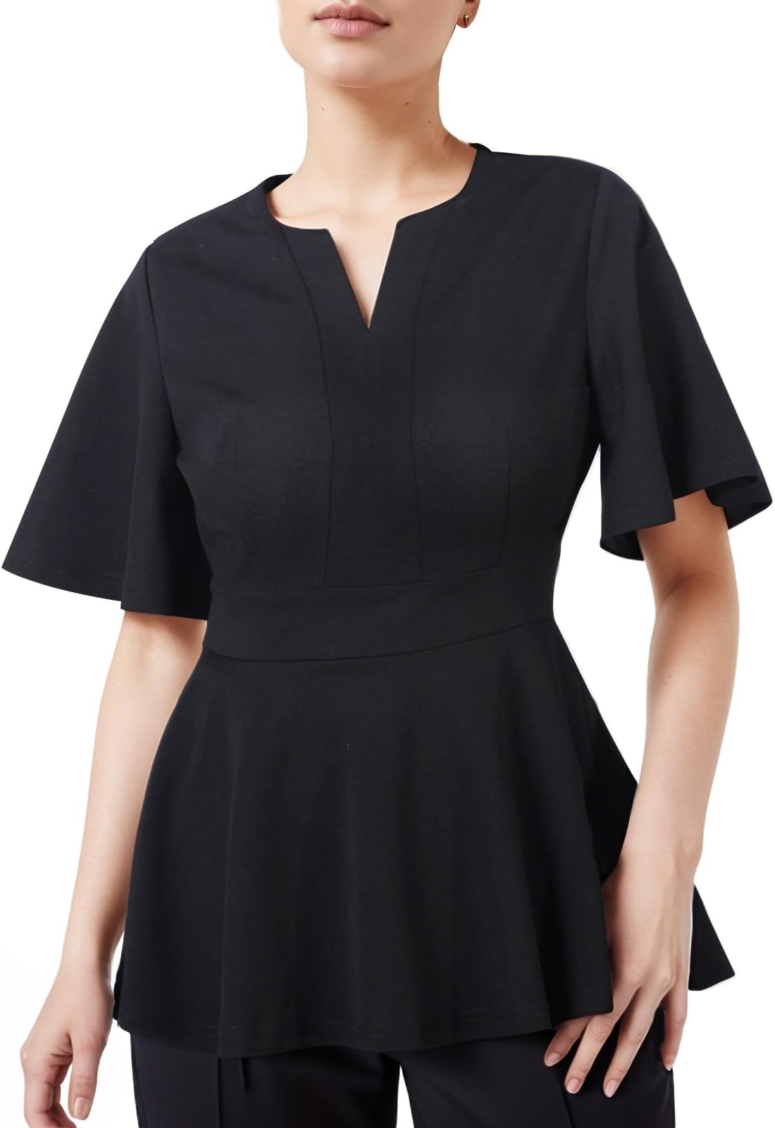 Women's V-Neck Peplum Blouse Flutter Sleeve Smocked Empire Waist Elegant Dressy Boutique Tops for Cocktail Night Church