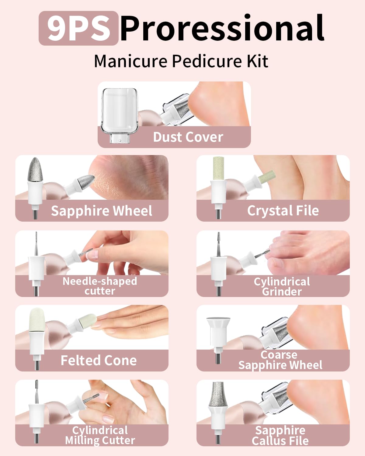 Kit de manicura y pedicura profesional con estuche, juego de limas eléctricas inalámbricas, herramientas de pedicura recargables para pies, 5 velocidades, cuidado de manos y pies, taladro de uñas para