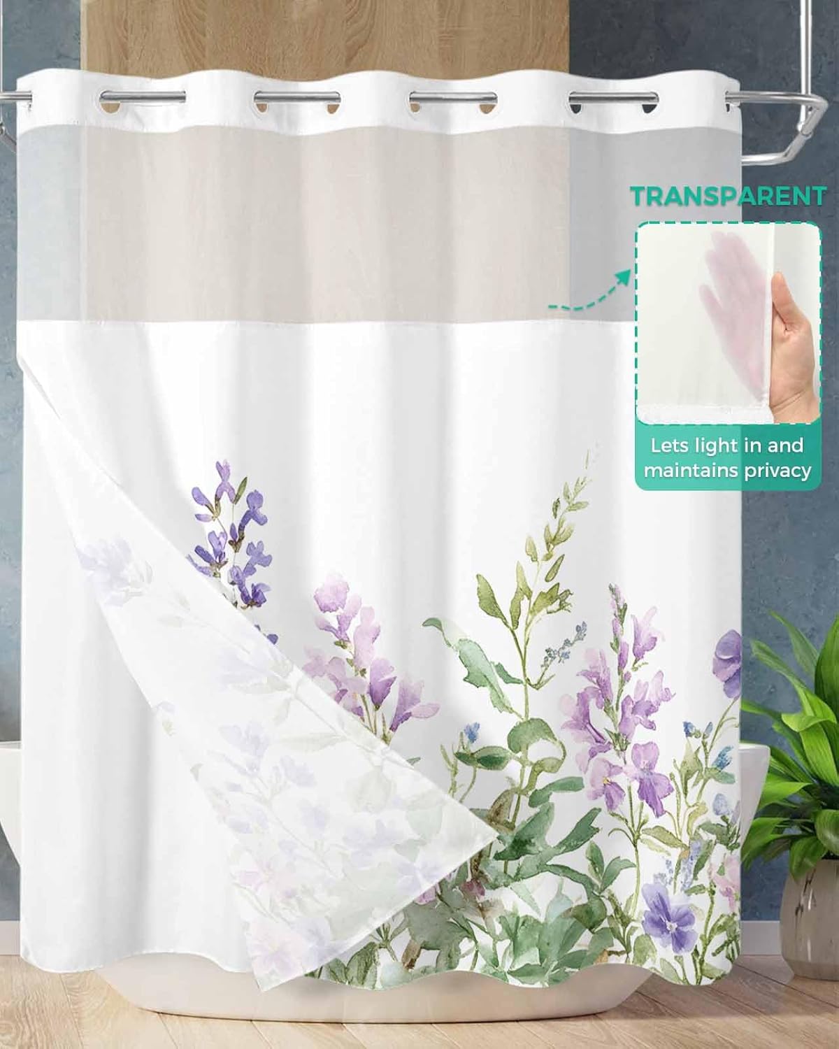 No Hook Lavender Flowers Shower Curtain with Snap in Liner Set, Spring Garden Floral Botanical Leaf Waterproof Fabric Bathroom Curtains with See Through Top Window, Standard 72 x 72 Inch