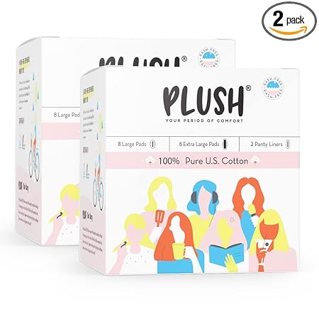 Plush Ultra-Thin Sanitary Pads For Women, 14 Cotton Sanitary Napkins- Pack of 2 | 6 Medium Flow XL + 8 Light Flow L + 2 Panty Liners For Rash Free Periods | Pure U.S. Cotton Pads