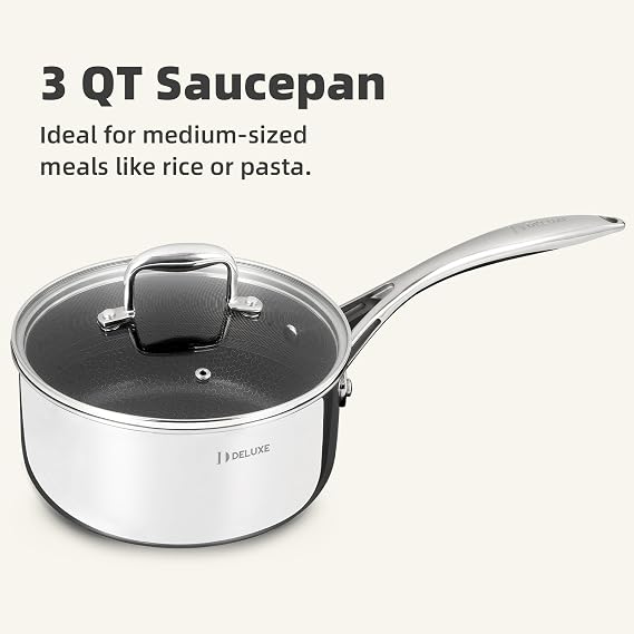 DELUXE Hybrid Ceramic Nonstick 3-Quart Saucepan with Tempered Glass Lid, Stay-Cool Handle, Dishwasher Oven Safe, Induction Ready, PFOA Free Compatible with All Cooktops for Breakfast,Daily Cooking
