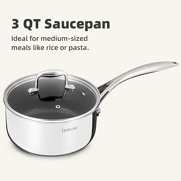 DELUXE Hybrid Ceramic Nonstick 3-Quart Saucepan with Tempered Glass Lid, Stay-Cool Handle, Dishwasher Oven Safe, Induction Ready, PFOA Free Compatible with All Cooktops for Breakfast,Daily Cooking