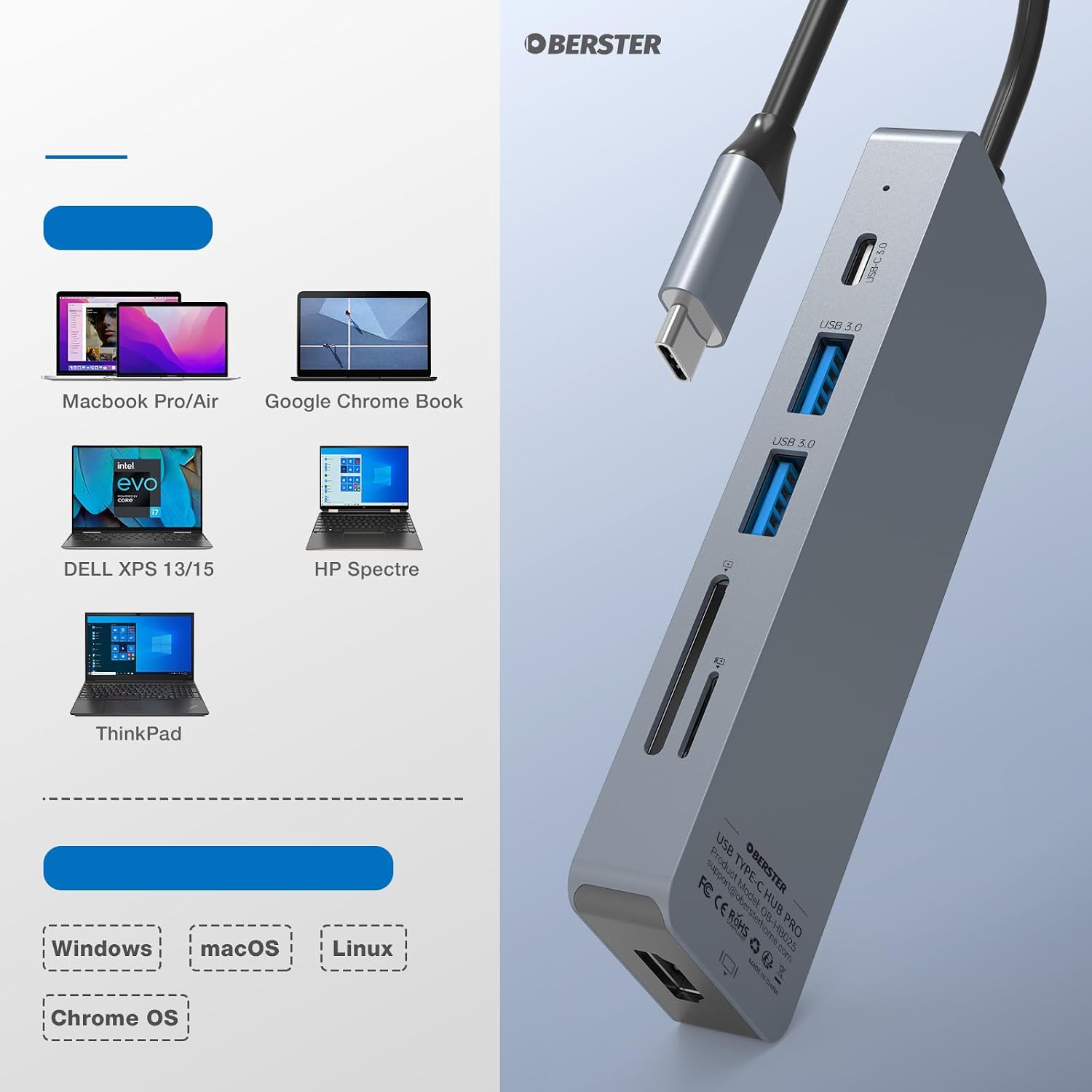 OBERSTER USB C Hub compatibility with various laptops and operating systems.
