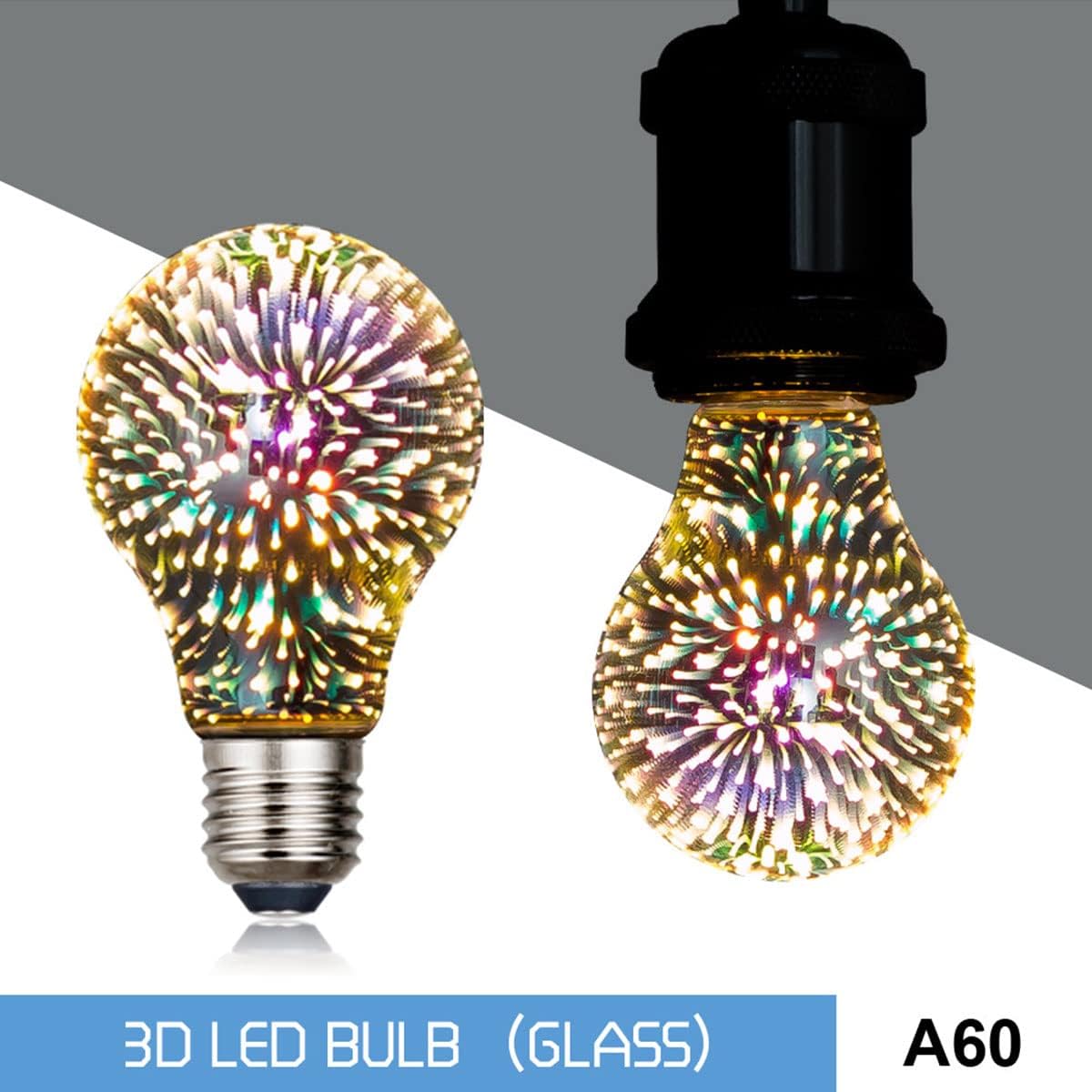 A19 3D Firework LED Light Bulbs 4.5W Equivalent 45W (4-Pack) E26/E27 LED Decorative Bulb, Warm White 2200K, 85-265V Stained Glass Decoration Light for Holiday Decoration, Party, Bar, KTVs