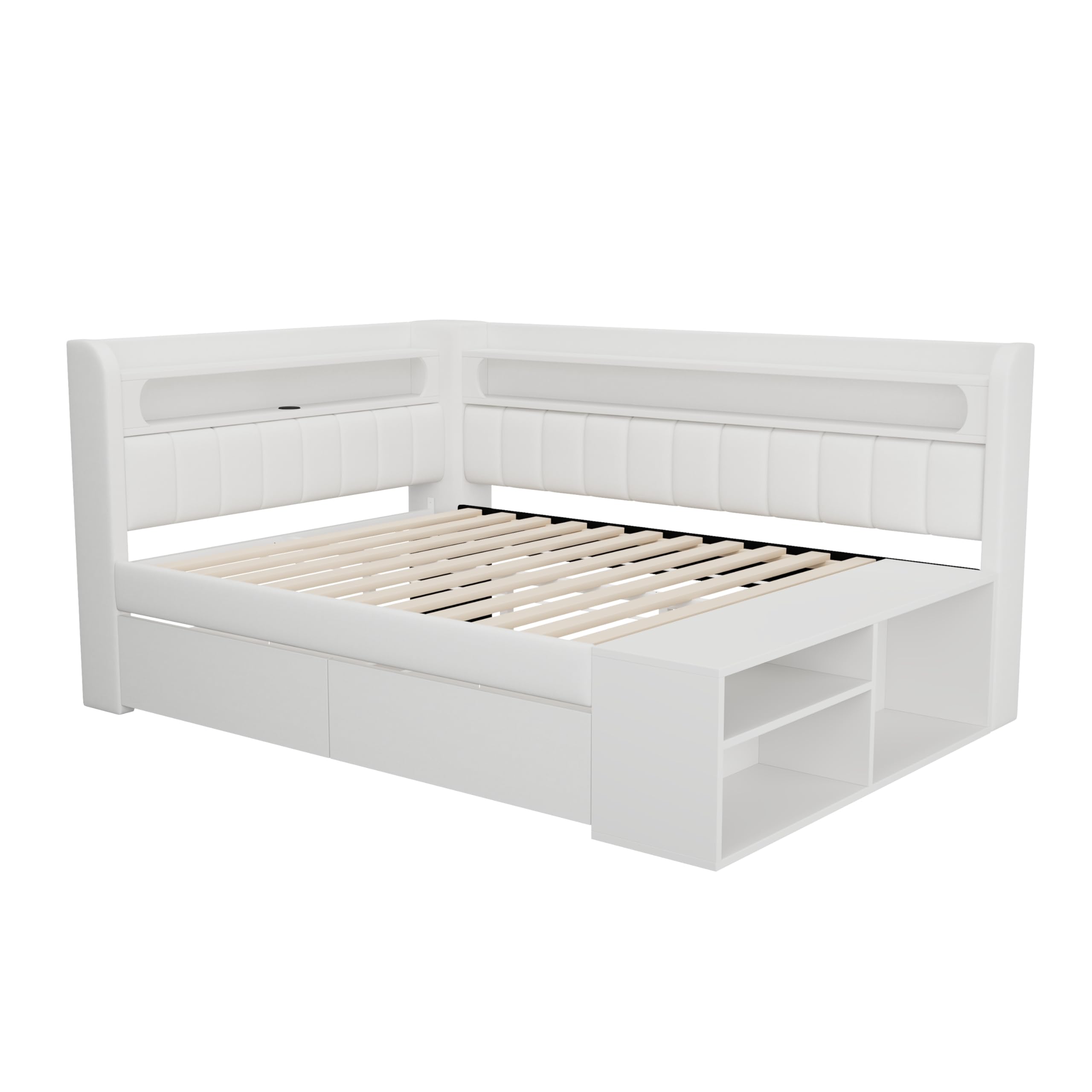 Moimhear Divano letto imbottito con porta USB e striscia luminosa a LED, con scarpiera e due cassetti, 90 x 200 cm (bianco)