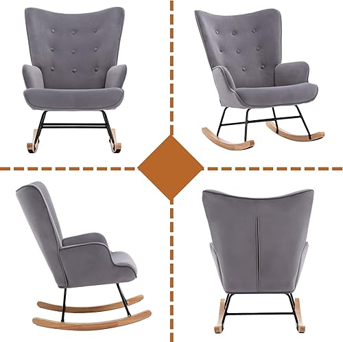 Miniatura 7 de Mecedora de terciopelo para habitación del bebé, silla mecedora para interiores con respaldo de ala, con base de madera maciza, cómoda silla