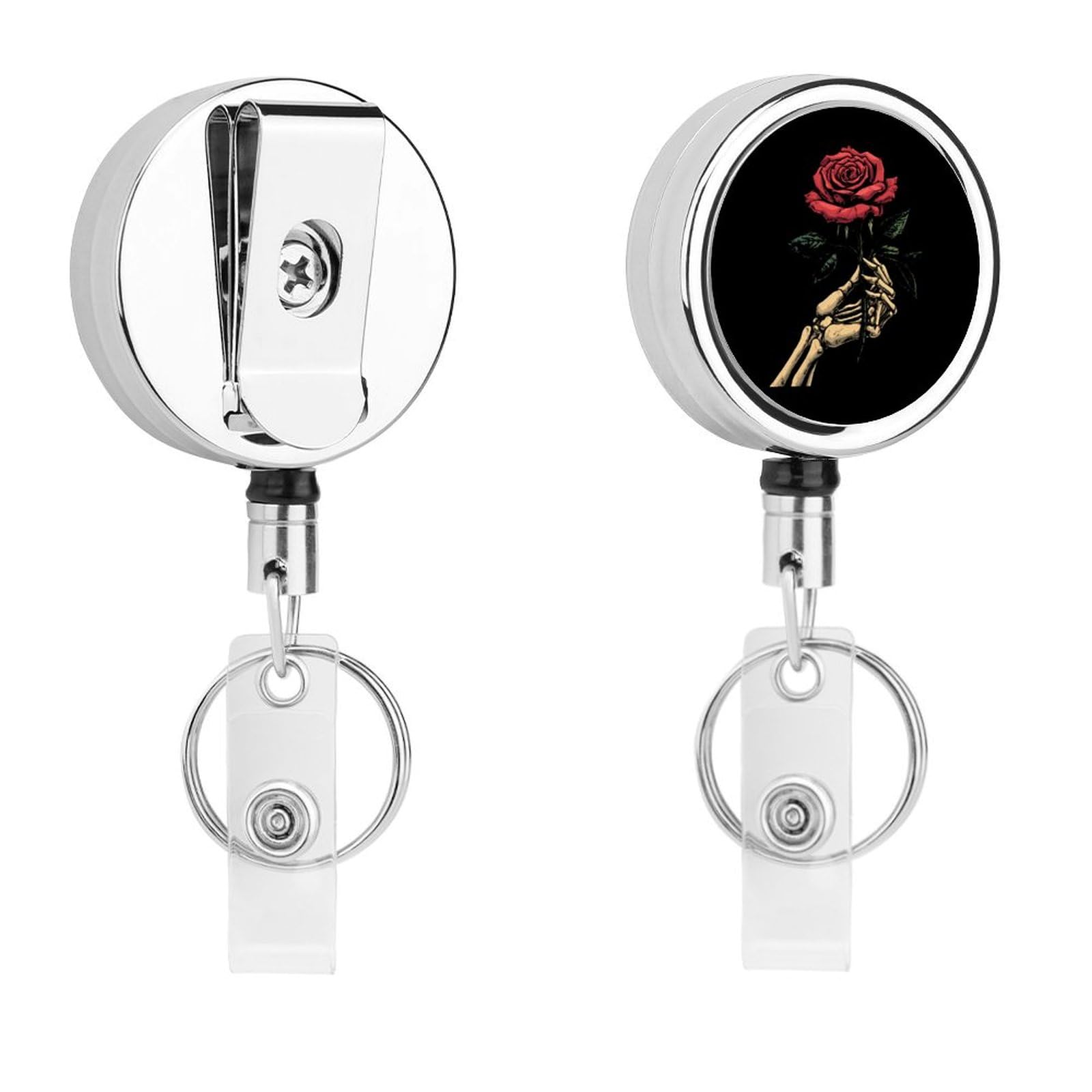 Skeleton Hand Holding Rose Retractable Badge Holder Metal ID Name Holder Key Ring with Belt Clip
