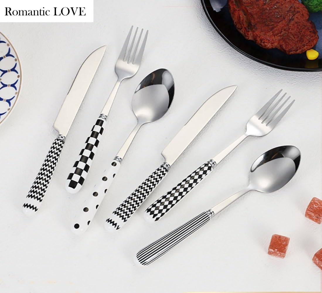 Romantic LOVE Ceramic Handle Stainless Steel Silverware Tableware Flatware Cutlery Set Steak Knife Fork Spoon Teaspoon (blend,16PCS)