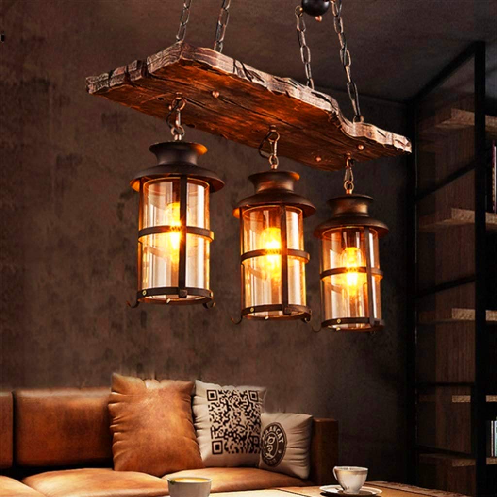 Vintage Holz Hängeleuchte Industrielle Pendelleuchte 3-flammig Pendellampe | Hängelampe im Retro-Landhausstil,Glas Lampenschirm E27-Fassung Kronleuchter für Esstisch, Kücheninsel Esszimmer Wohnzimmer