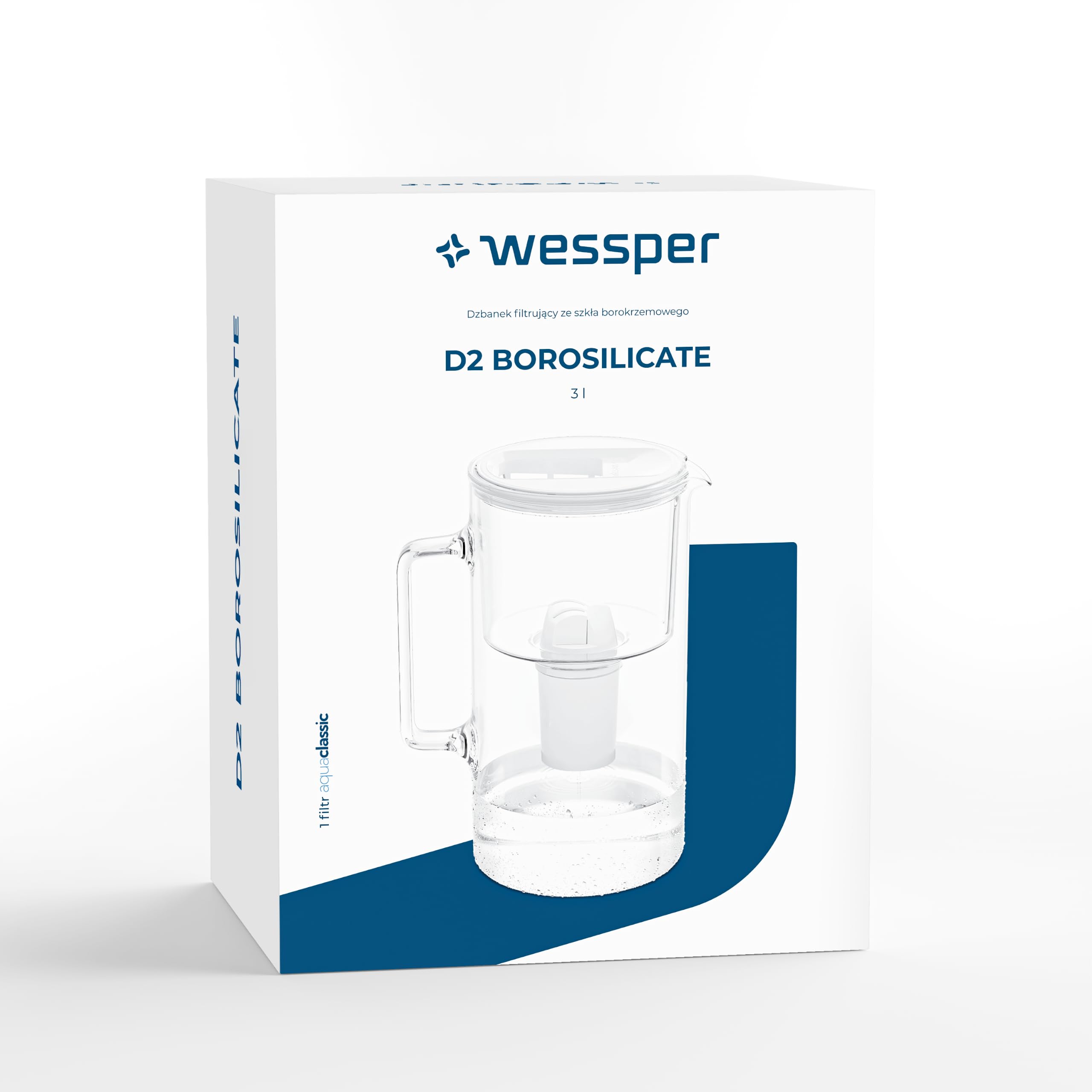 Wessper Carafe En Verre Avec 1 Filtre À Eau (Compatible Avec Brita Classic), Eau Filtrée Avec Grand Goût Et Pureté Réduit Les Dépôts De Calcaire Et De Chlore 3 Litres, Bleu