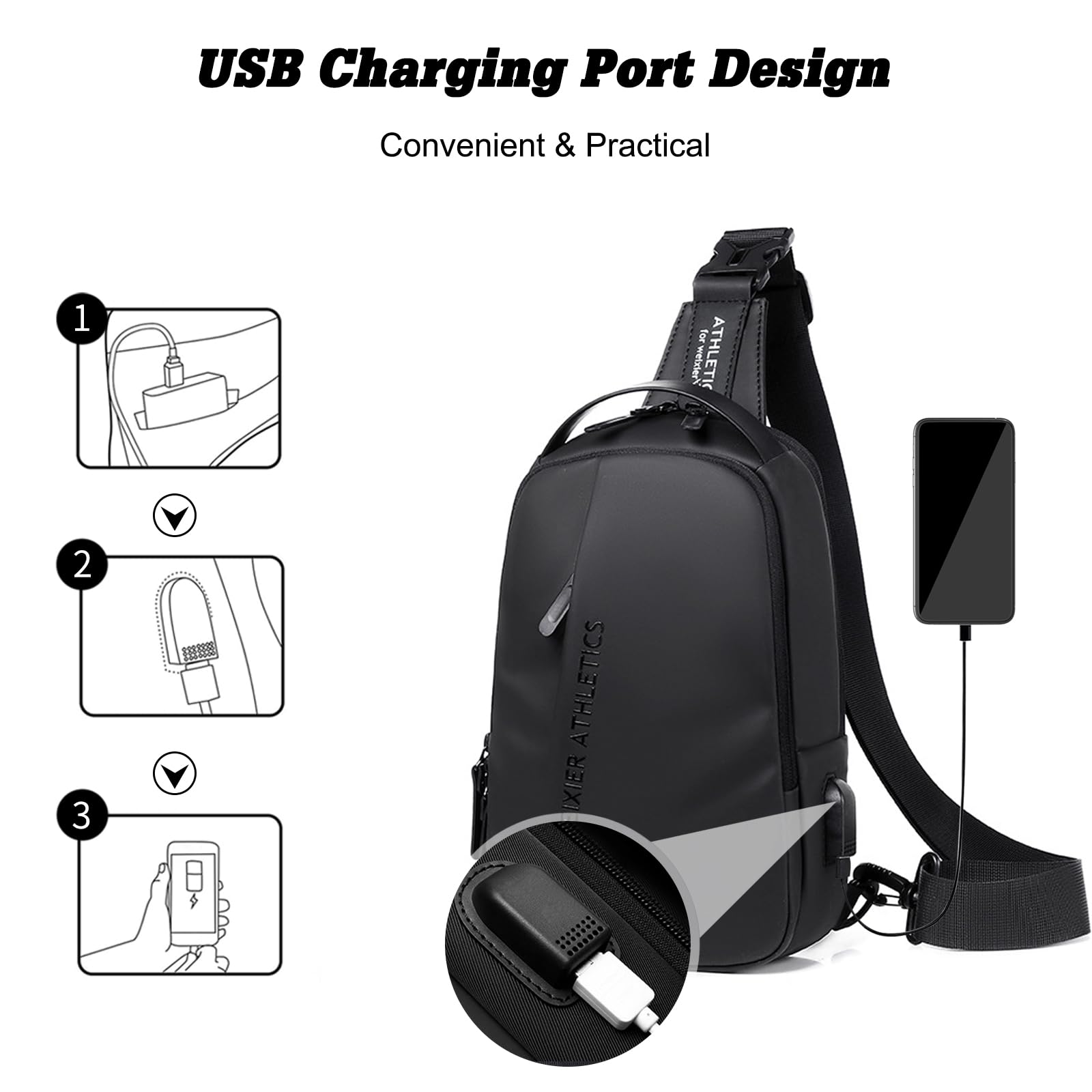 FANDARE Bandolera Hombre Bolsa Cruzada con Puerto de Carga USB Nailon Negro