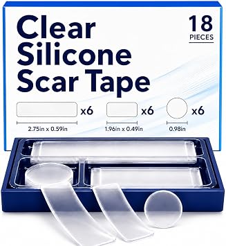 Silicone Scar Tape for Surgery and C-Section, Pre-Cut Medical-Grade Tape for Keloids, Waterproof Clear Patches, 18 Count, 3 Sizes
