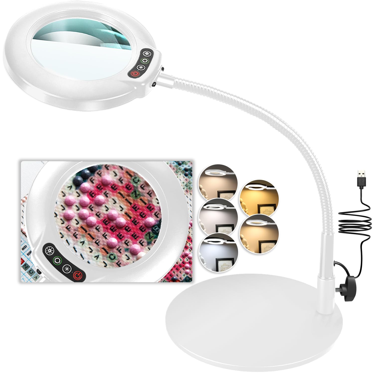 Veemagni 12X Magnifying Glass with Light and Stand, 16.5in Flexible Gooseneck, 5 Color Modes Stepless Dimmable LED Lighted Desk Lamp, Hands Free Magnifier for Craft Hobby Sewing Close Work, White