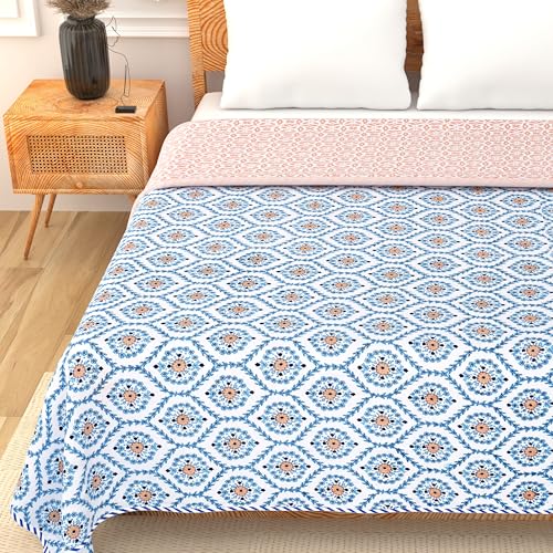 Image of Blanket Double Bed, Dohar Cotton King Size | Soft Light Weight, Quilt, Duvet Double Bed Cotton, Blanket 84 inchx96 inch - Orange Blue, Pack of 1