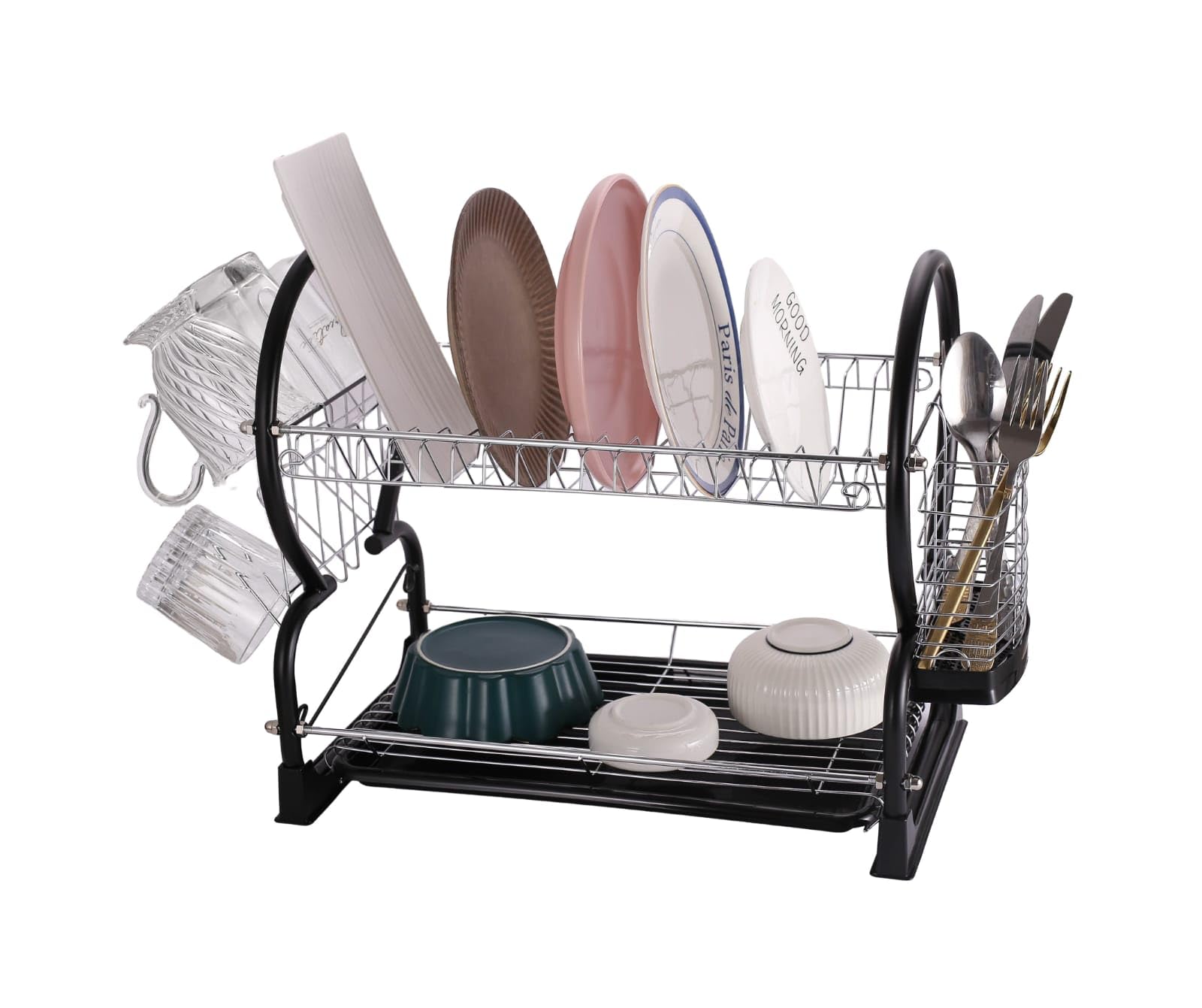 Royal Cuisine 2 Tier Dish Drainer Rack with Drip Tray Stainless Steel Dish drainer with Draining Board and Utensils Holder Dish Drying Rack for Small Kitchen Countertop (Black)