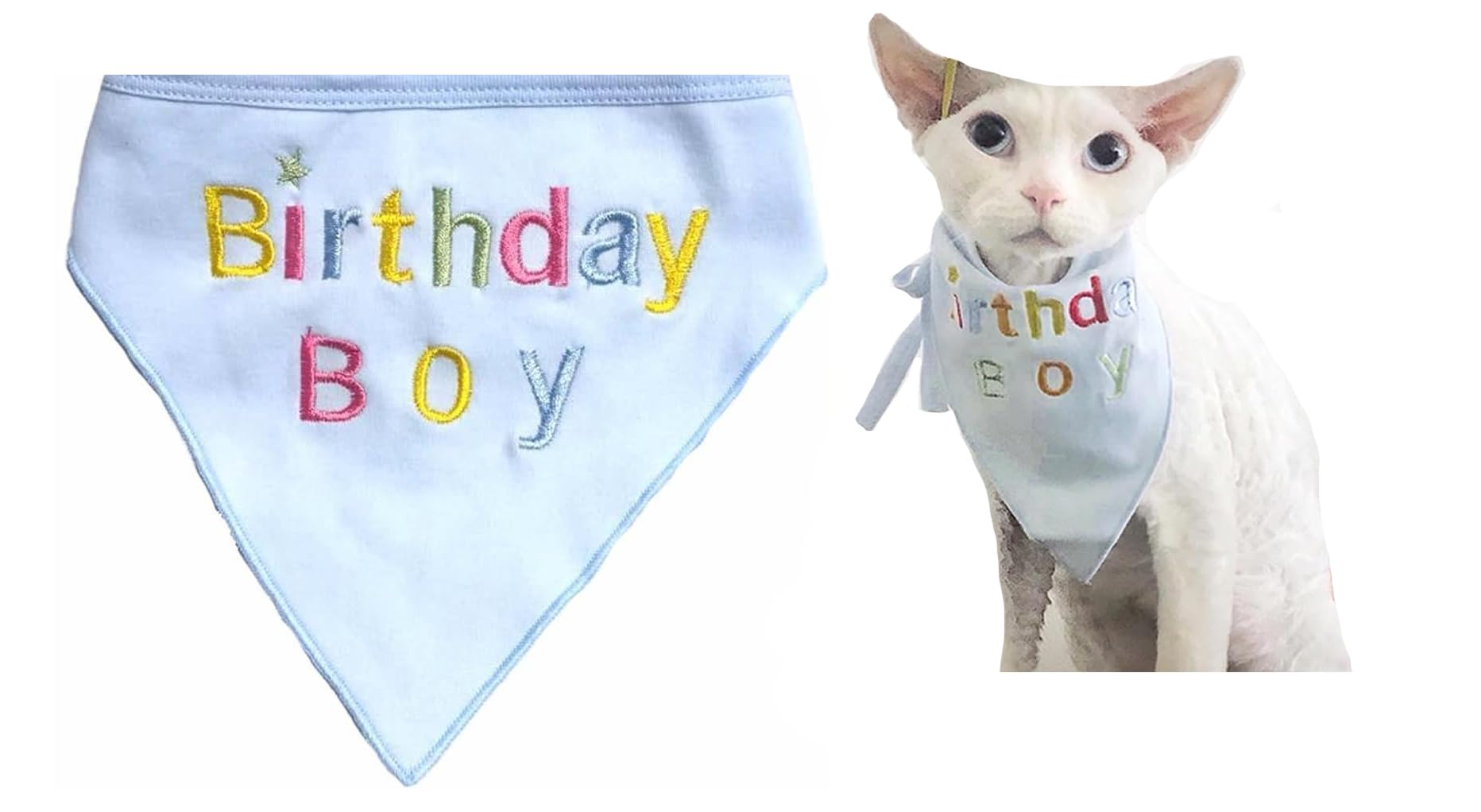 Embroidered Cute Dog Pet Cat Birthday Bandana for Cats Dogs, 100% Cotton, Blue