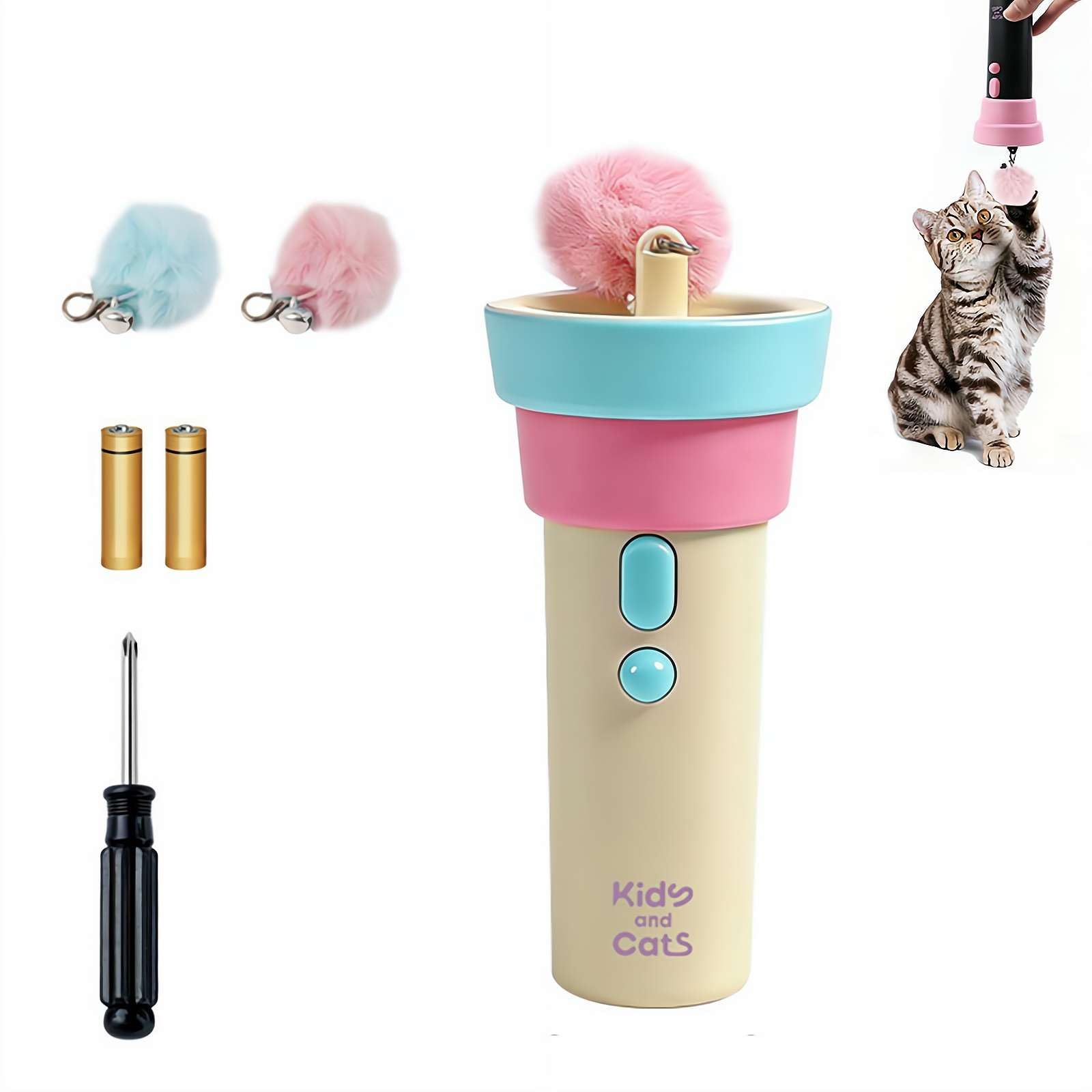 Electric Cat Teaser Launcher - Handheld Automatic Fluffy Pom-Pom Toy with 2 Replaceable Heads, Interactive Wand for Cats & Small Dogs, 2-Color Design (Pink/Cyan) with Batteries Included
