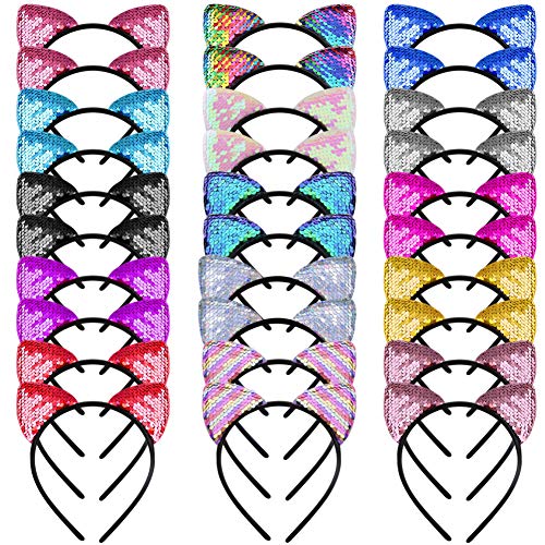 WXJ13 30 Pieces Cat Ears Headbands Glitter Reversible Different Colors Cat Ears Headbands for Girls and Women