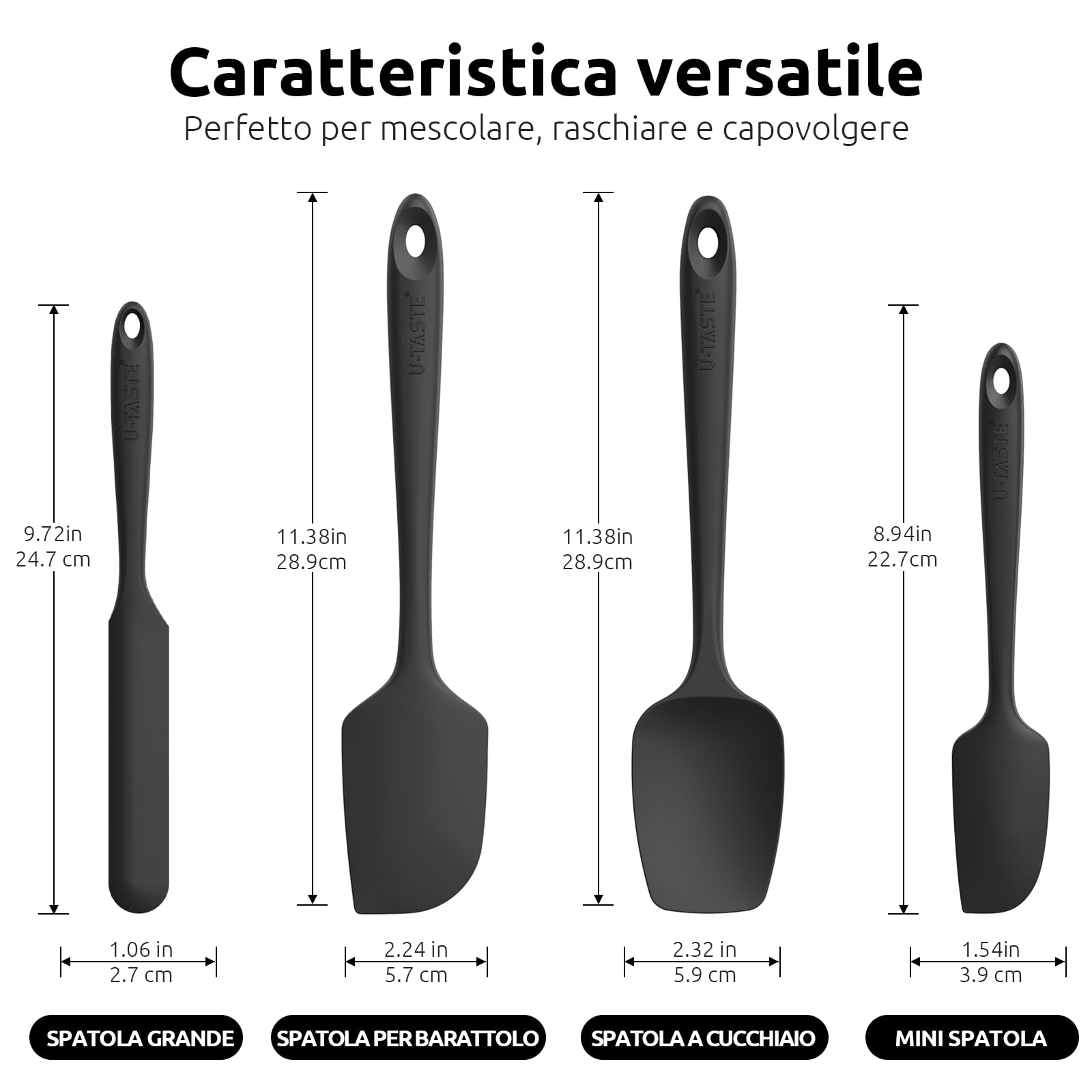 Silicone Cucina Spatola Set 4: U-Taste 315℃ Resistente al Calore Leccapentole in Gomma, Utensili per Pasticceria Antiaderenti Antigraffio senza BPA per Cucinare e Cuocere (Nero)