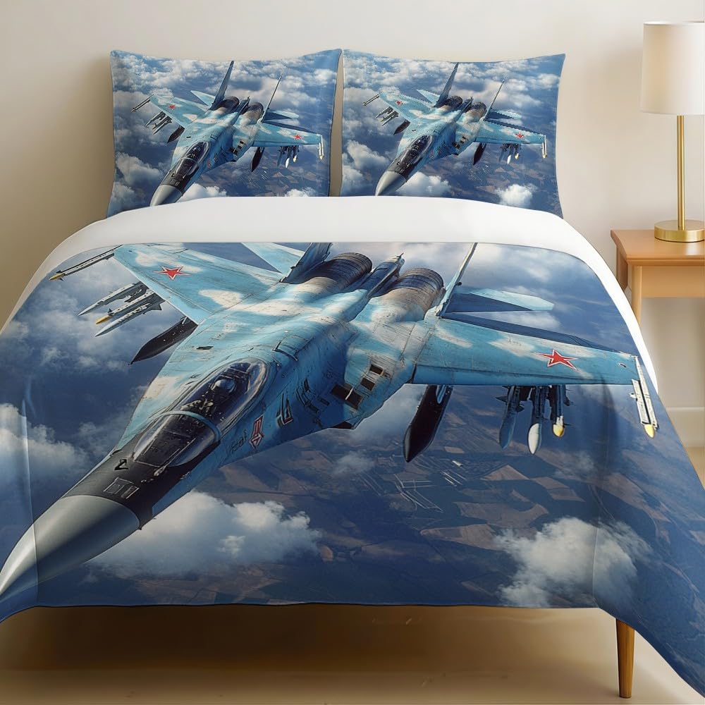 Housse de couette 240x260 avion en microfibre ultra douce parure lit bleu ciel