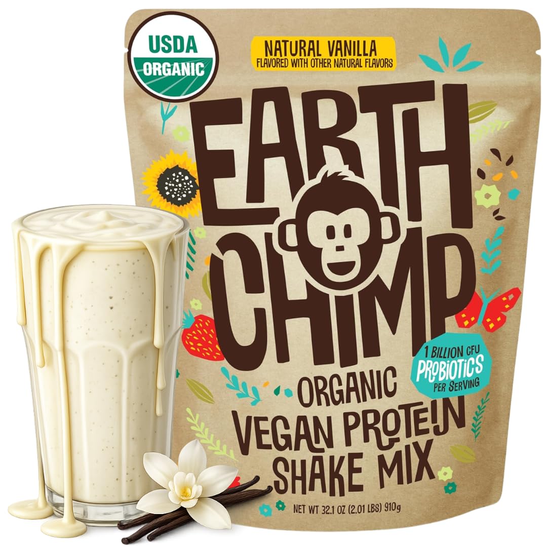 EarthChimp Organic Vegan Protein Powder - με Προβιοτικά - Μη ΓΤΟ, Γαλακτοκομικά Χωρίς, Μη Ορός γάλακτος, Πρωτεΐνες με βάση το φυτό Σκόνη για γυναίκες και άνδρες, Χωρίς γλουτένη - 26 Μερίδες 32 Oz (Βανίλια)