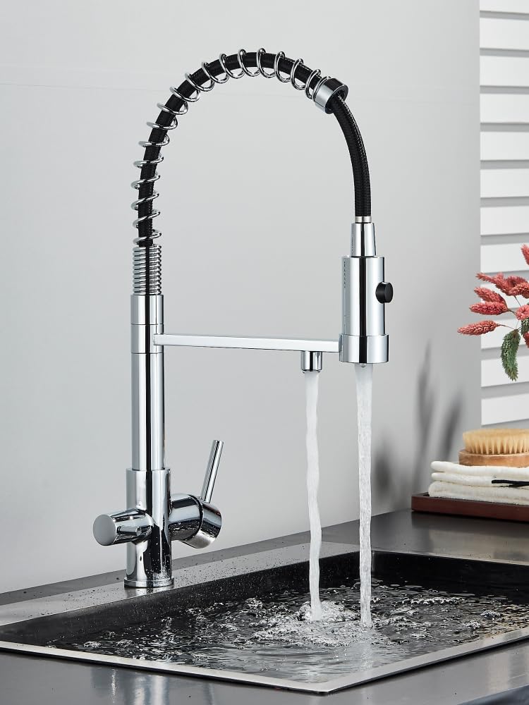 Ari Rubinetto da cucina a 3 vie con doccetta estraibile, molla a spirale Solid Spring, in set con filtro dell'acqua, nano-filtrazione, sistema per acqua potabile Nano Pad (cromato)