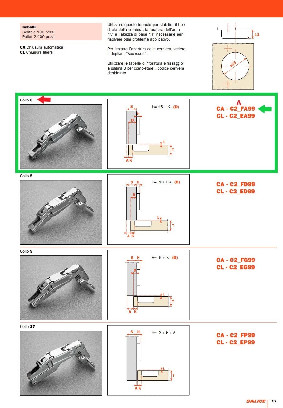 SALICE Lot de 4 charnières pour portes avec grande ouverture jusqu'à 165°, série 200. Fermeture traditionnelle avec ressort à claquet.