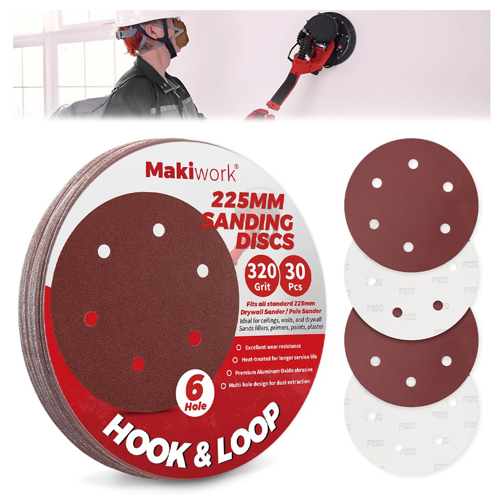 Makiwork 30PCS 225mm 6-Hole 320 Grit Hook & Loop Sanding Discs – Heavy-Duty Aluminum Oxide Sandpaper for Drywall Sander, Paint Removal, Wood & Metal Surface Prep