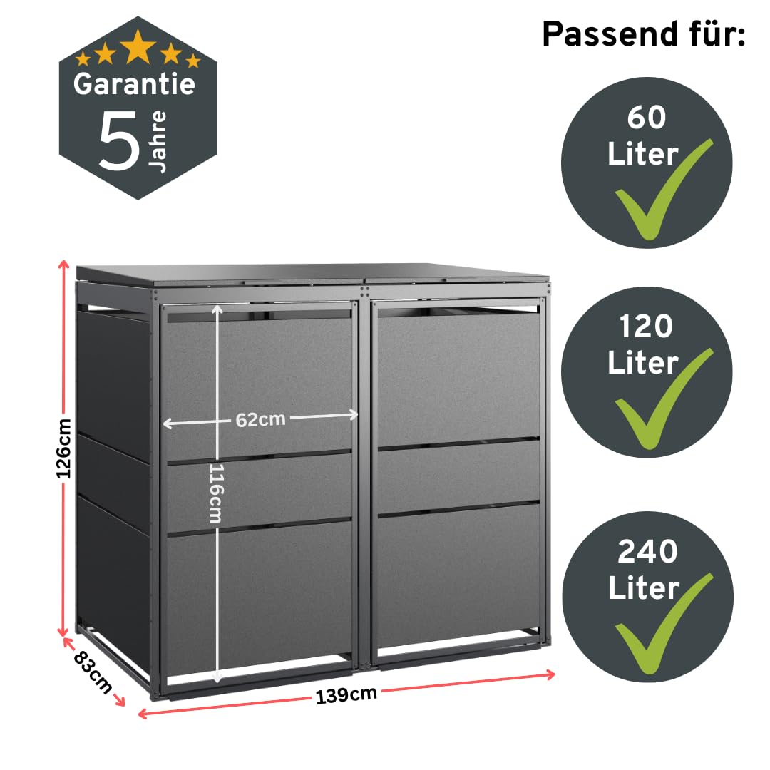 MODERN Mülltonnenbox 3er für 120 Liter Mülltonne | Anthrazit | Mülltonnenverkleidung | Mülltonnenhaus | Box für Mülltonnen | Mülltonnenunterstand | Mülltonneneinhausung